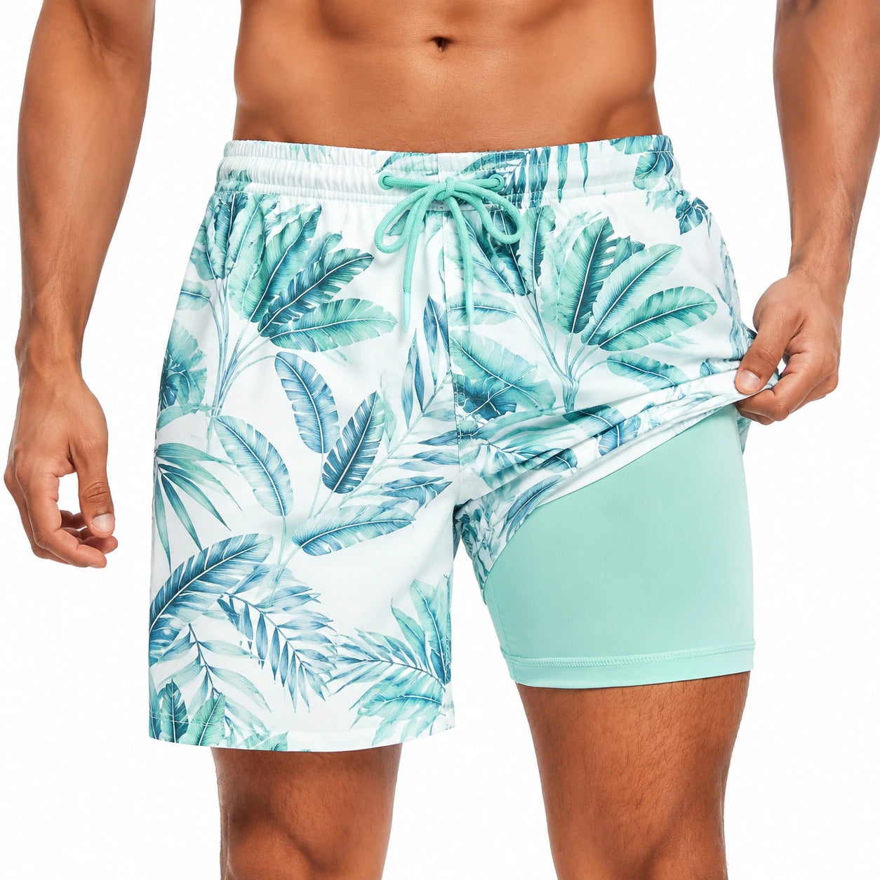 Herren Badeshorts Größe L aus Kunstfaser Weiß Türkis mit Blattmuster und Innenhose