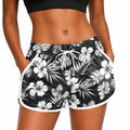 Damen Badeshorts Größe L aus Polyester Schwarz Weiß mit Blumenmuster und Kordelzug