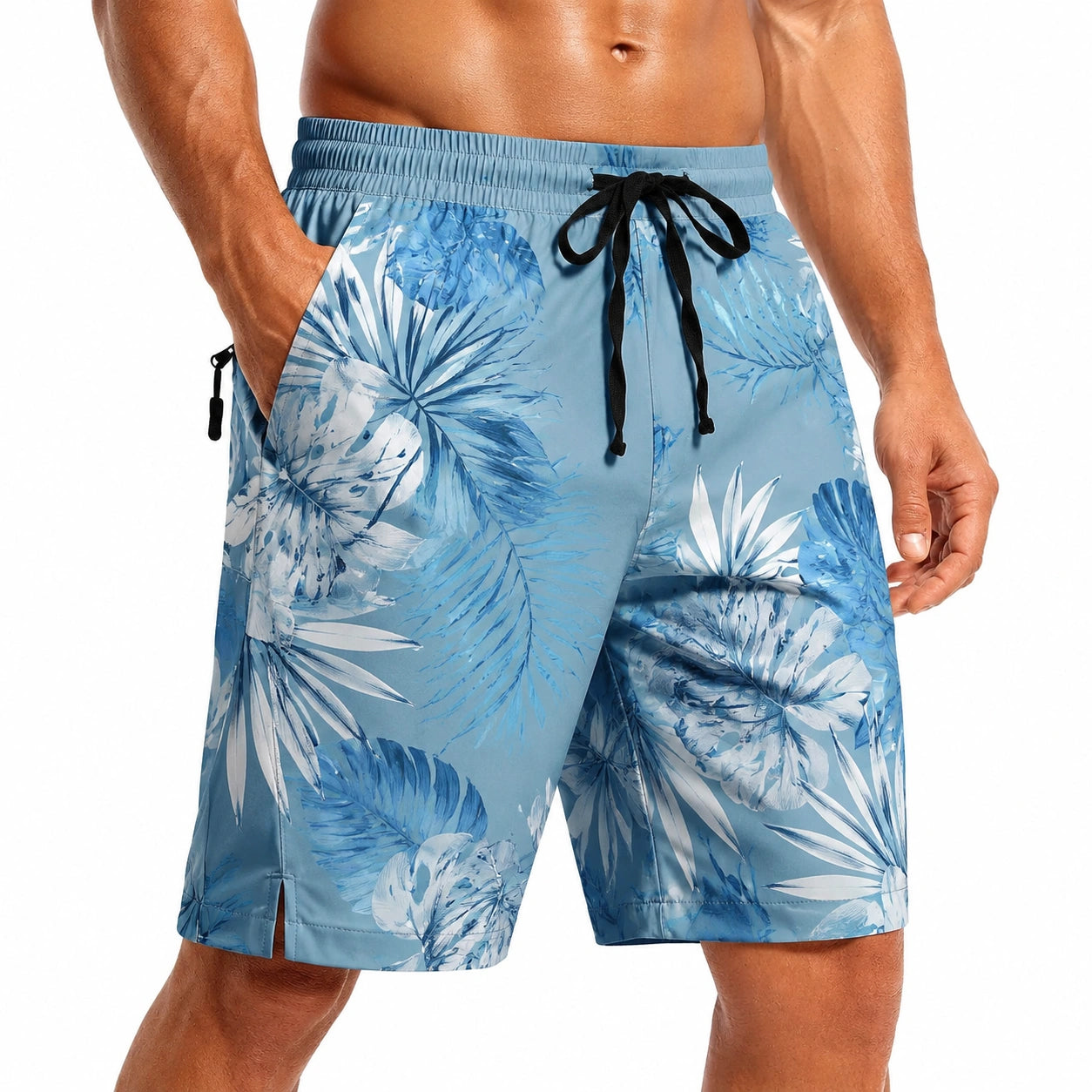Badehose L aus Textil in Hellblau mit Blumenmuster und Kordelzug
