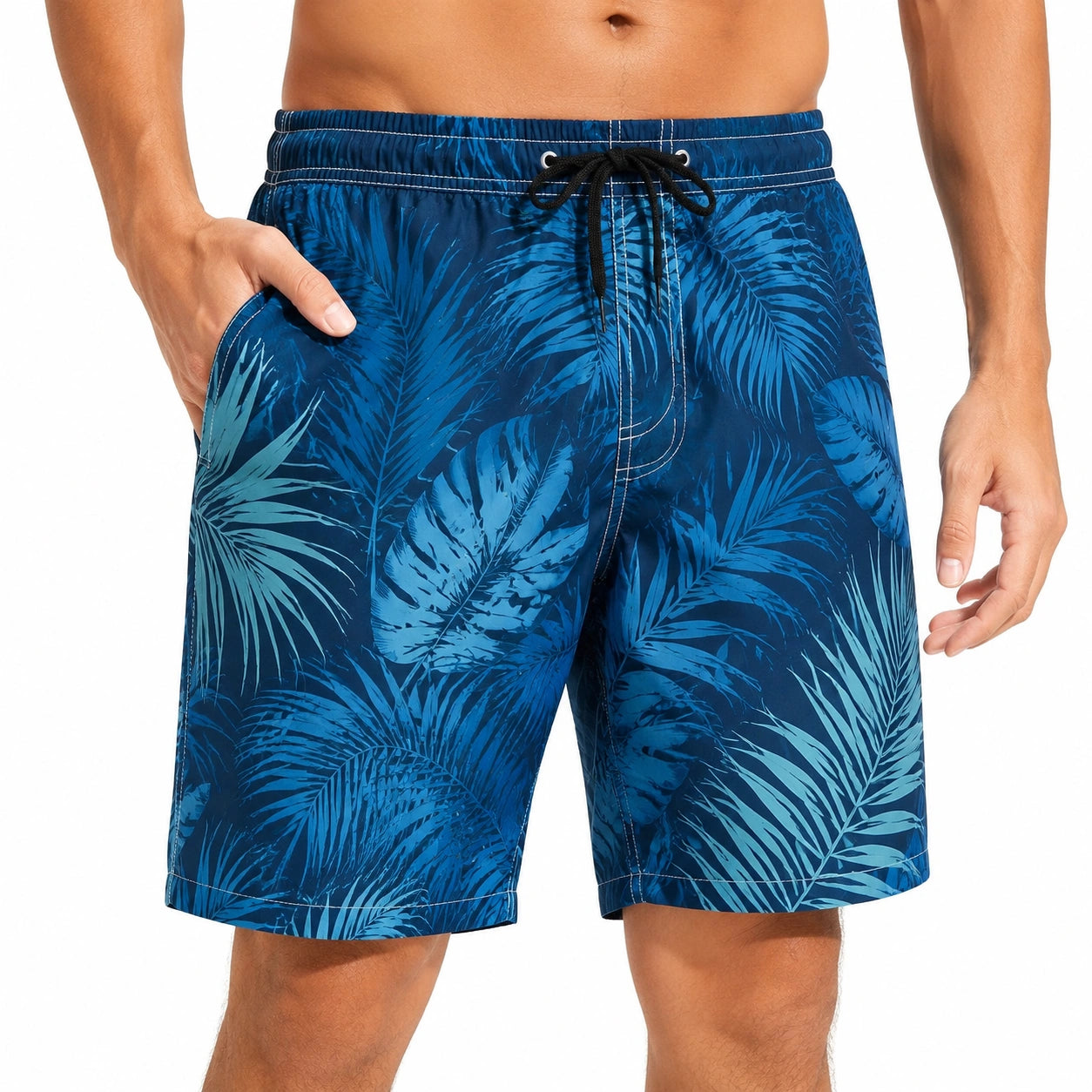 Herren Badeshorts XL Blau Türkis mit Blattmuster und Kordelzug