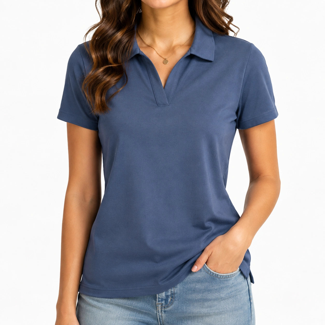 Damen Poloshirt Größe M in Blau mit Kurzarm und V Ausschnitt