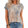 Damen T-Shirt Größe S mit Kurzarm Rundhals abstraktem Muster in Beige Blau