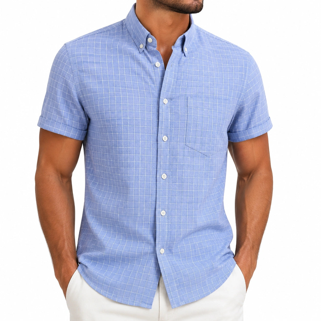 Herren Kurzarmhemd XL hellblau kariert mit Button-Down-Kragen