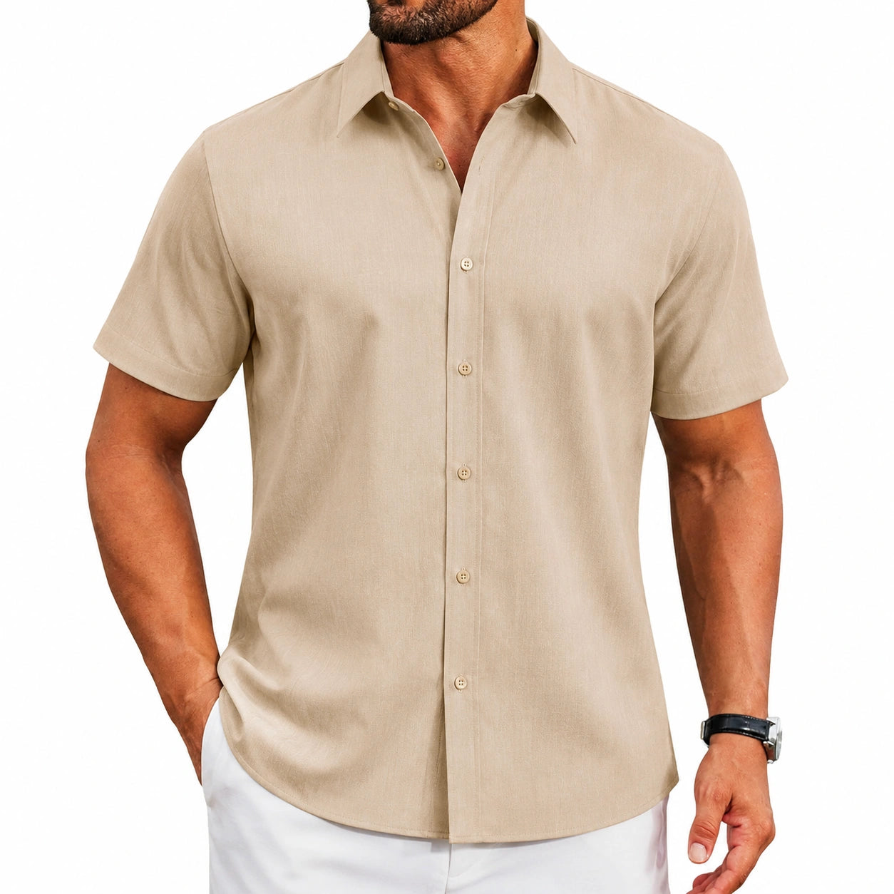 Herren Kurzarmhemd Größe M Beige mit Umlegekragen und Knopfleiste