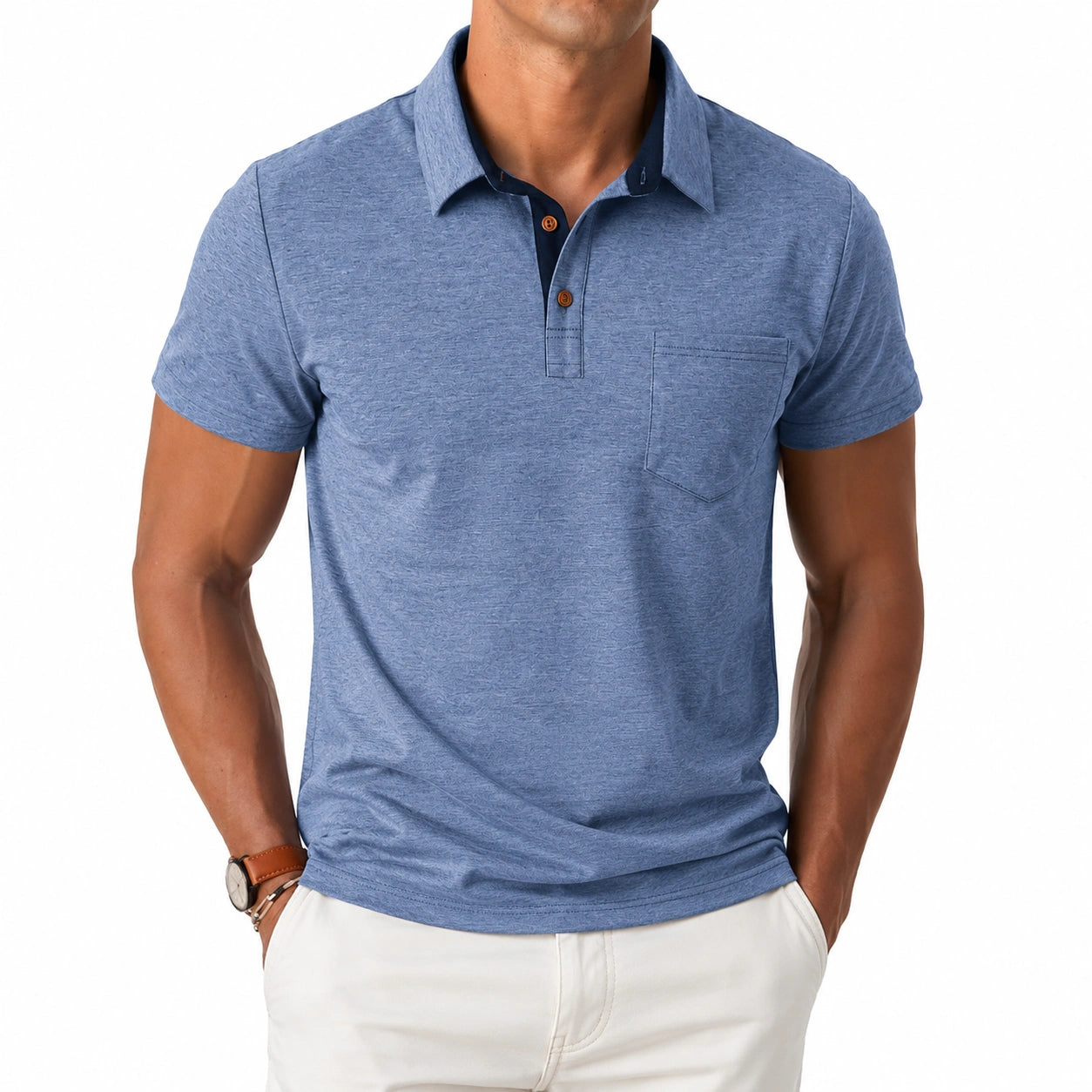 Herren Poloshirt L Blau strukturiertes Textil Kurzarm mit Brusttasche