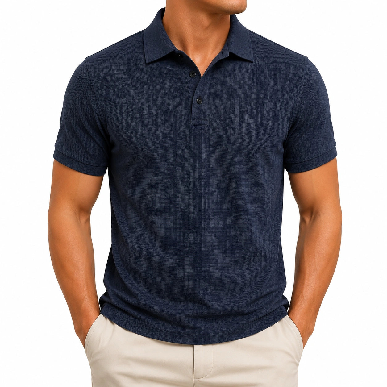 Herren Poloshirt Größe M dunkelblau strukturiertes Kurzarmshirt mit Knopfleiste