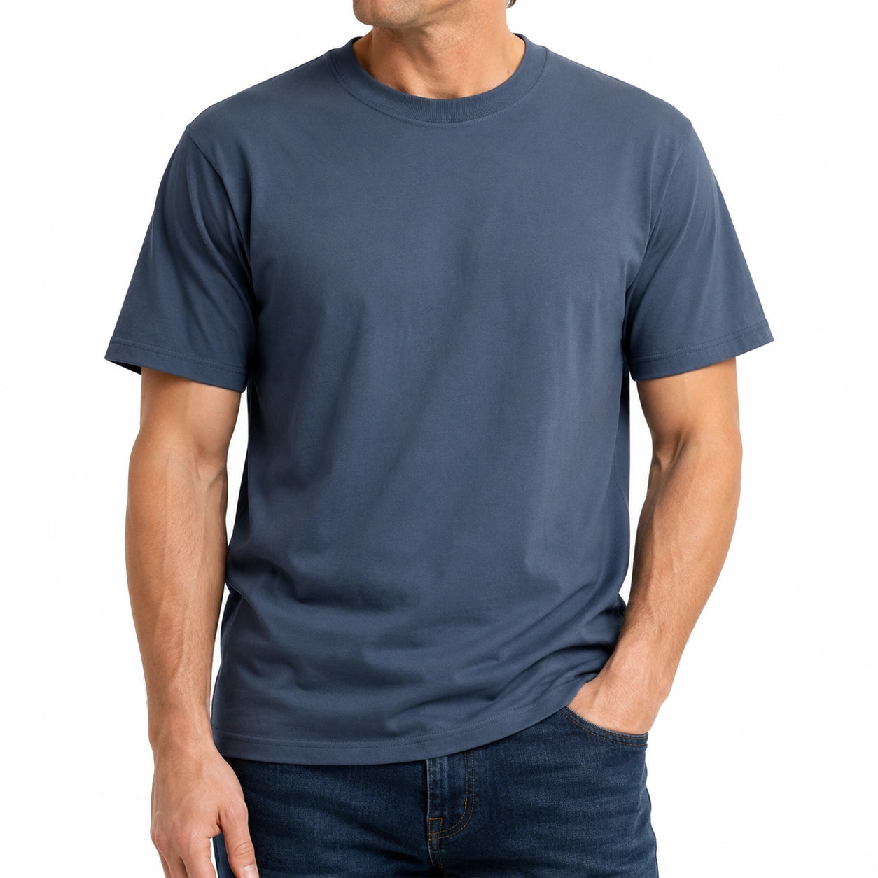 Herren T-Shirt Größe L aus Baumwolle in Dunkelblau mit Rundhals Kurzarm
