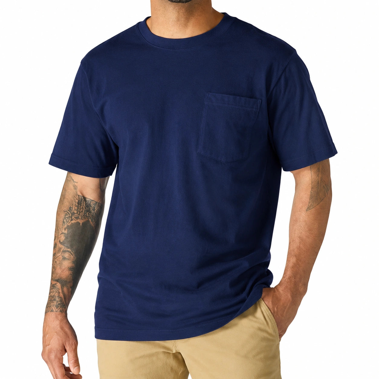 Herren T-Shirt M aus Stoff in Navyblau mit Brusttasche und Rundhals
