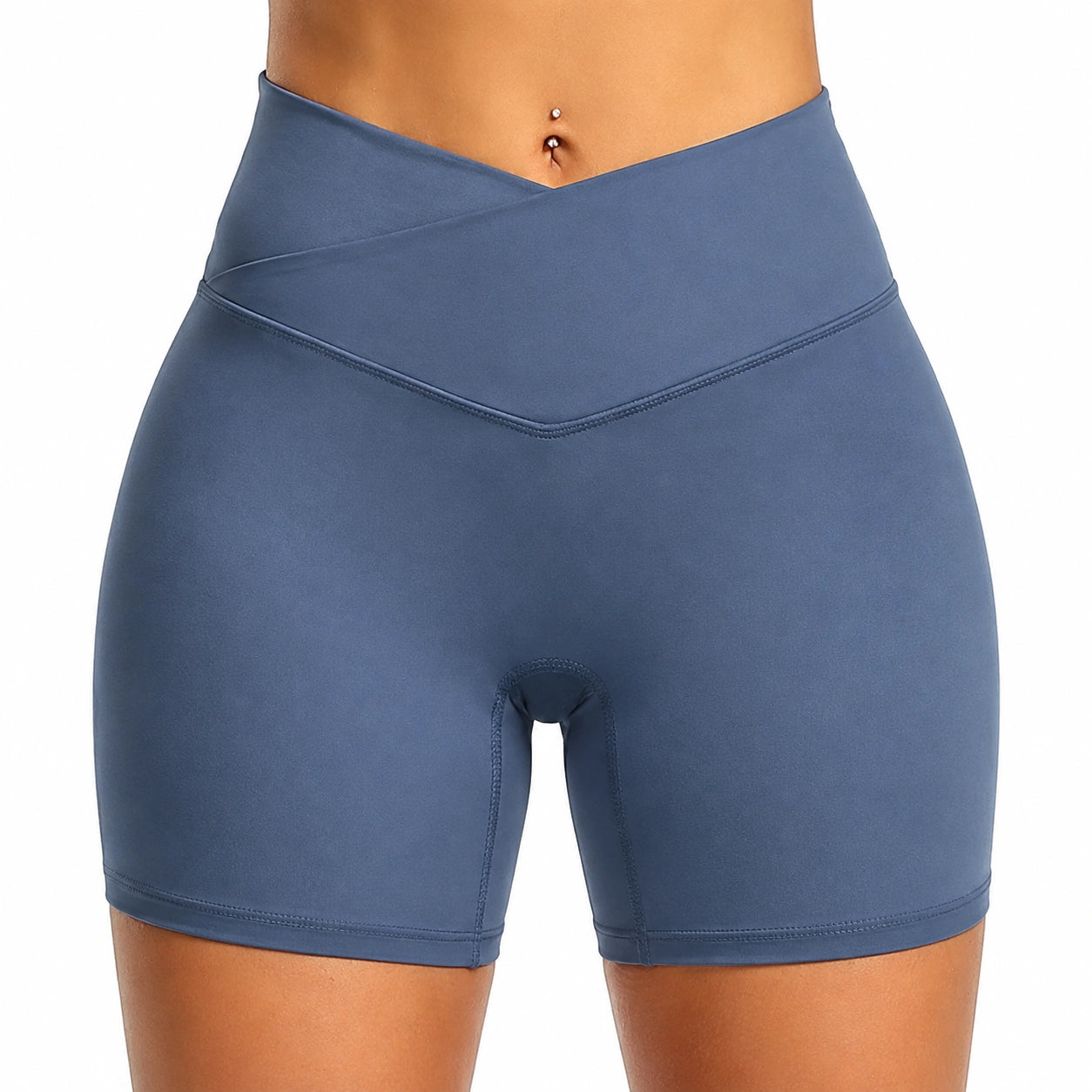 Damen Radlerhose L aus elastischem Kunstfaserstoff Blau mit hohem V-Bund für Sport und Yoga