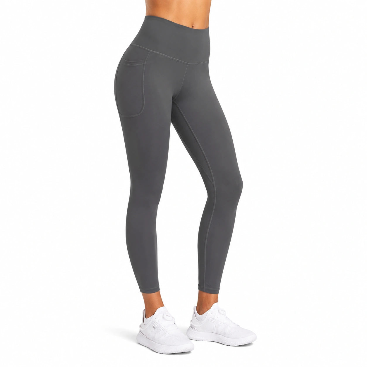Damen Sportleggings Größe S aus elastischem Kunstfasergewebe in Anthrazit mit hohem Bund und Seitentasche